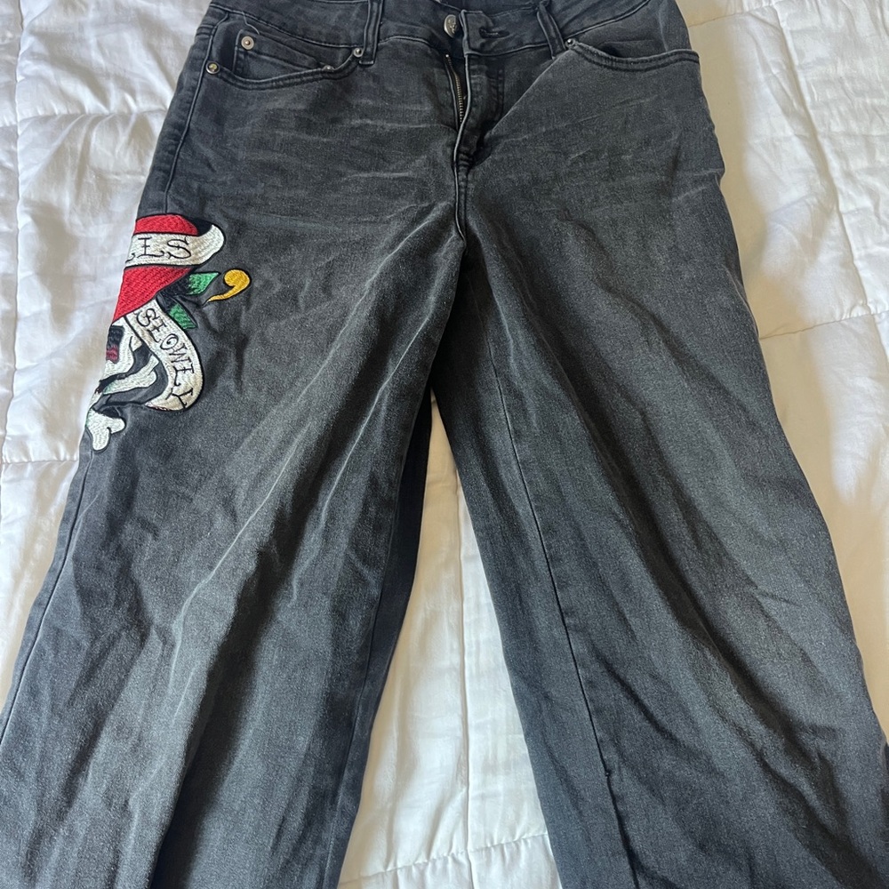 Ed Hardy Gray Straight Leg Jeans with Embroidered Design
